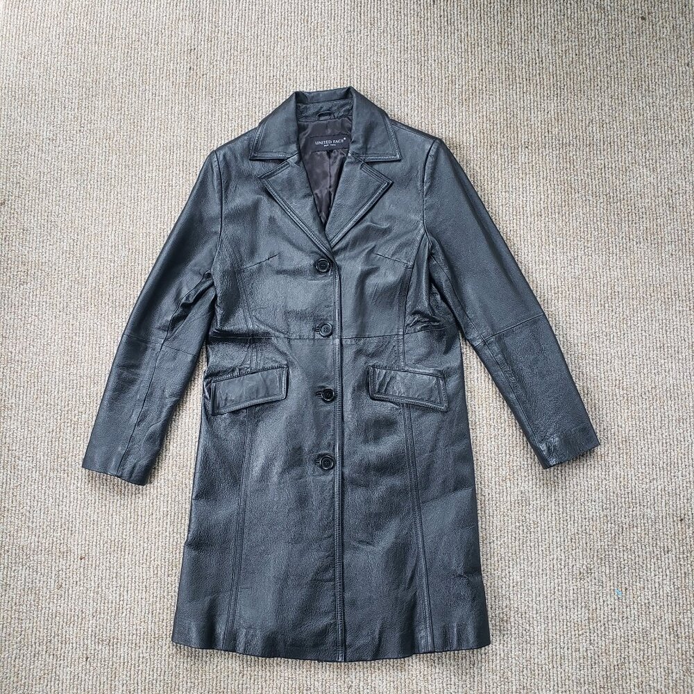 Black Leather Trench Coat United Face New York Women's Medium